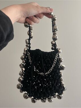 Black Bell-Embellished Crochet Drawstring Bag